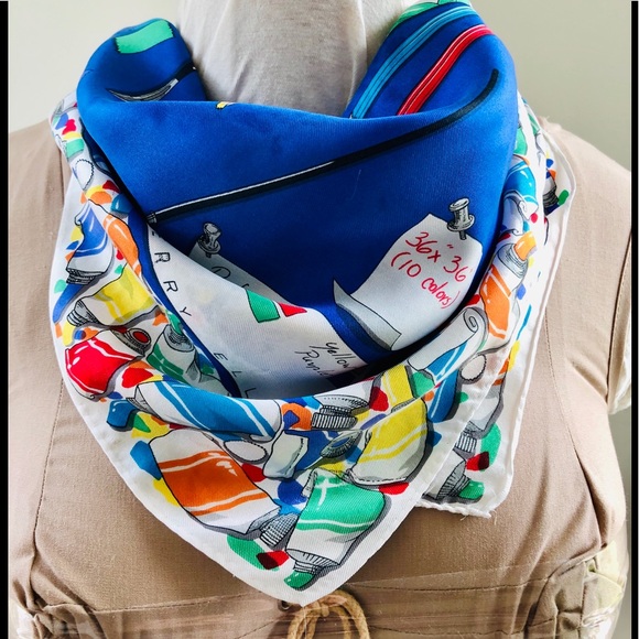 VTG 70’s Perry Ellis silk scarf painter theme print Royal blue & primary colors